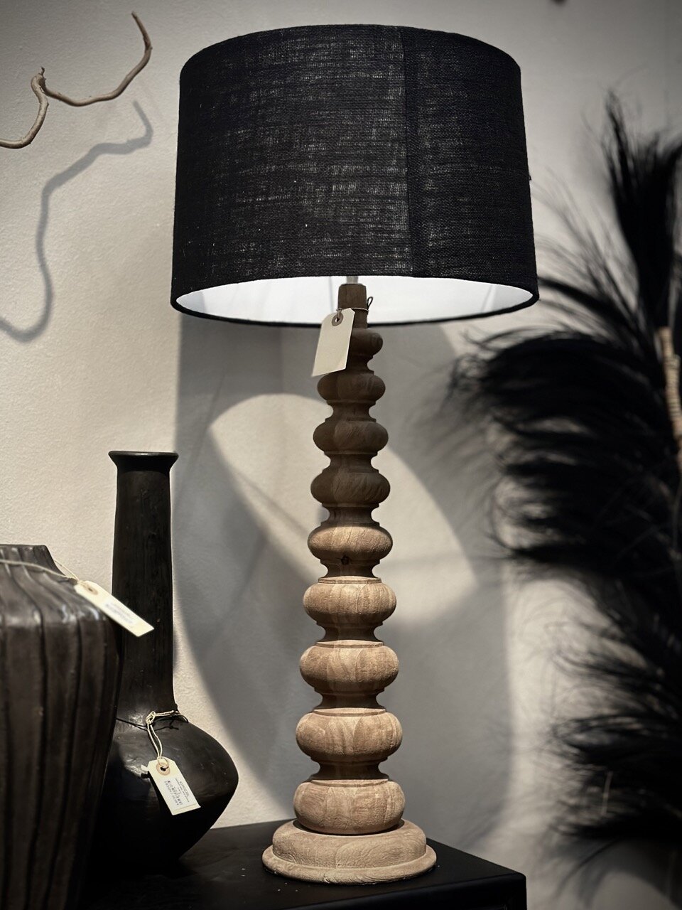 RAJA table lamp, natural with black tapered jute shade