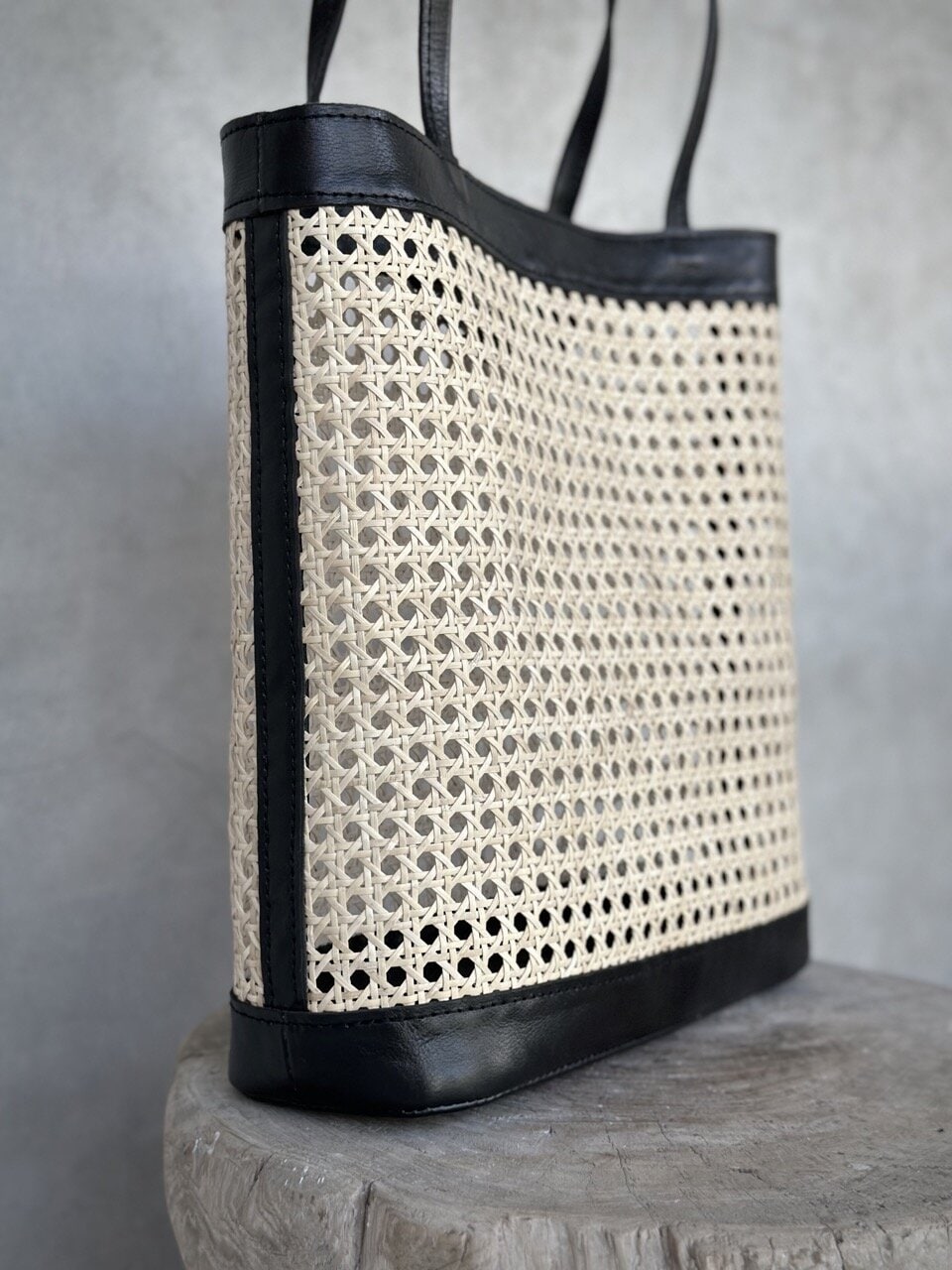 MANHATTAN black leather & rattan bag