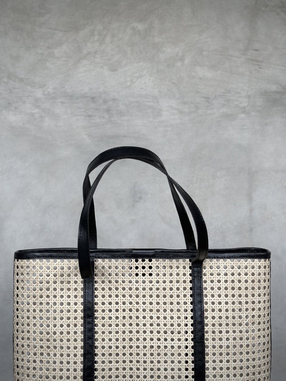 BROADWAY large black leather & rattan bag