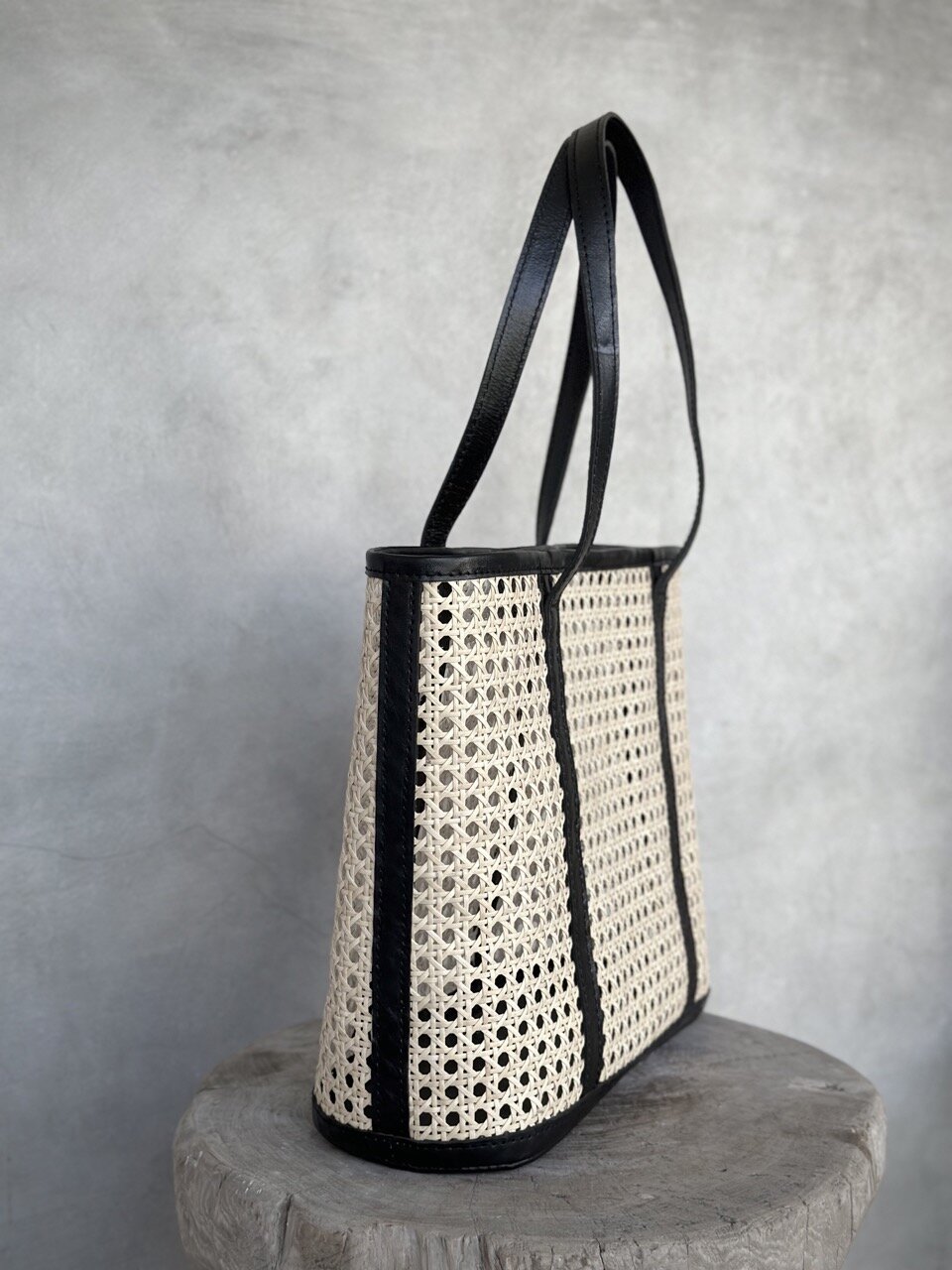 BROADWAY large black leather & rattan bag