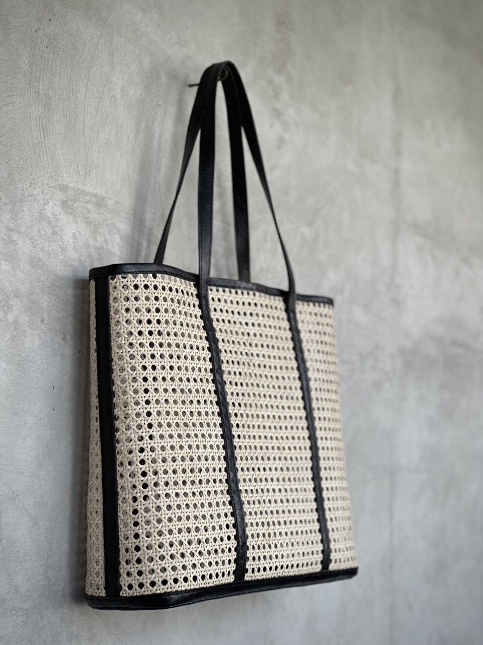 BROADWAY large black leather & rattan bag