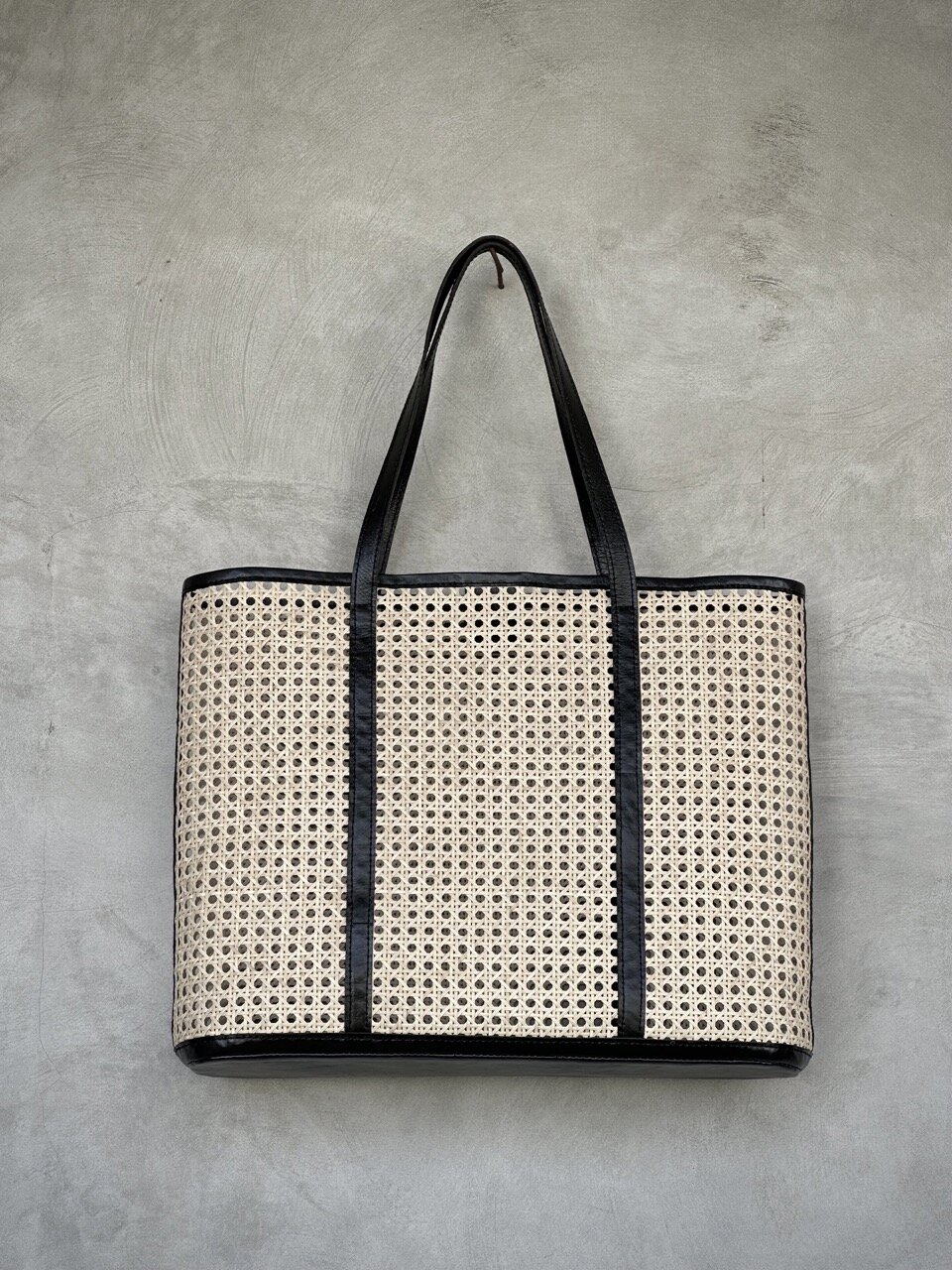 BROADWAY large black leather & rattan bag