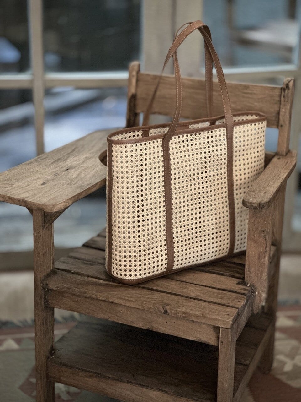 BROADWAY large brown leather & rattan bag