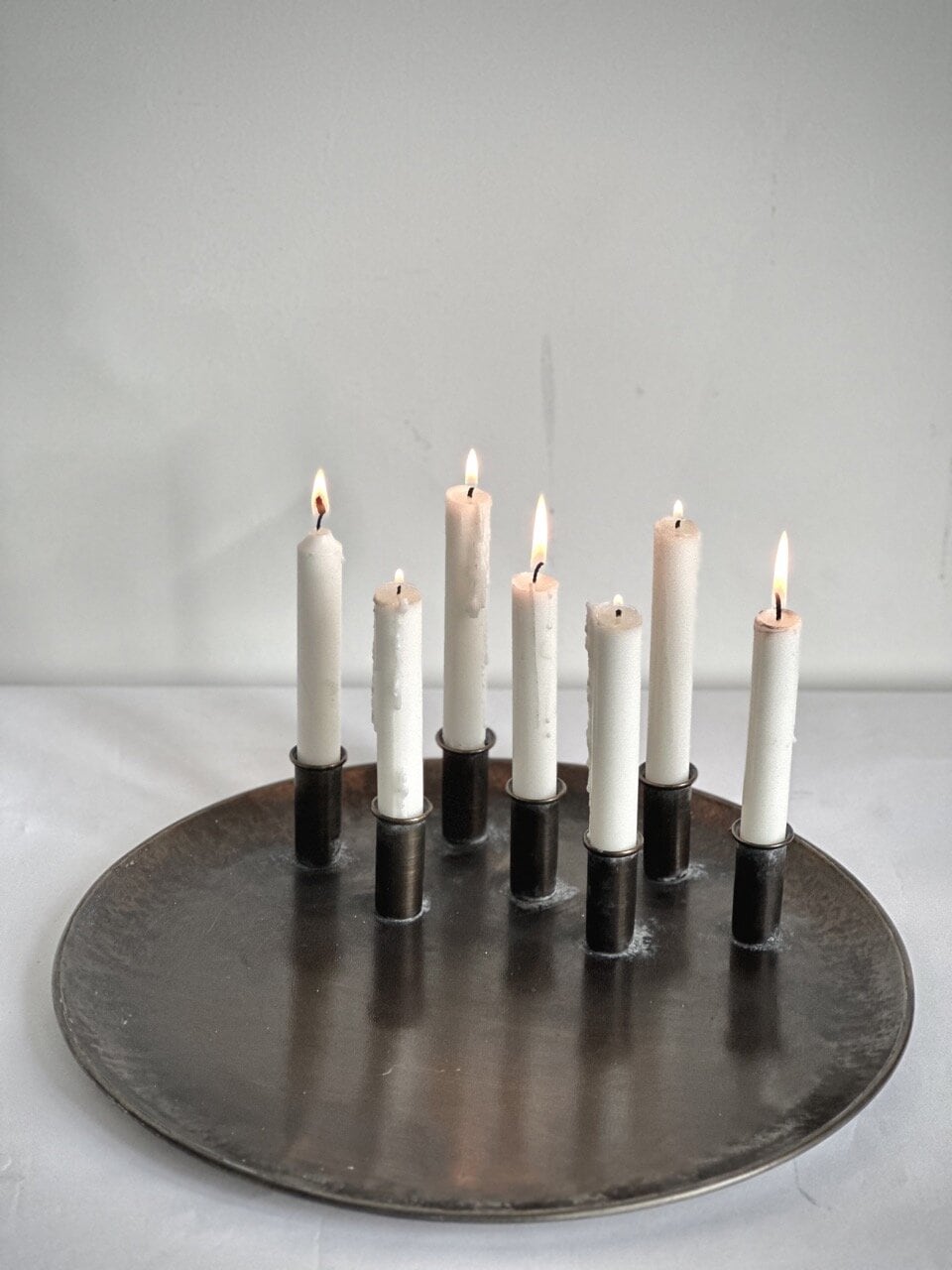 COY round plate candle holder for 7 candles, antique brass