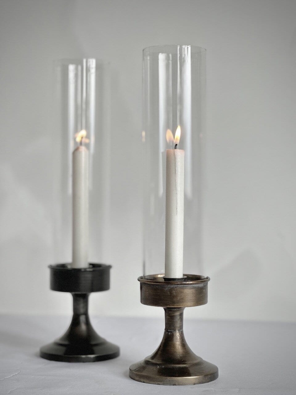 RIGO table candle holder with cylinder glass, antique brass