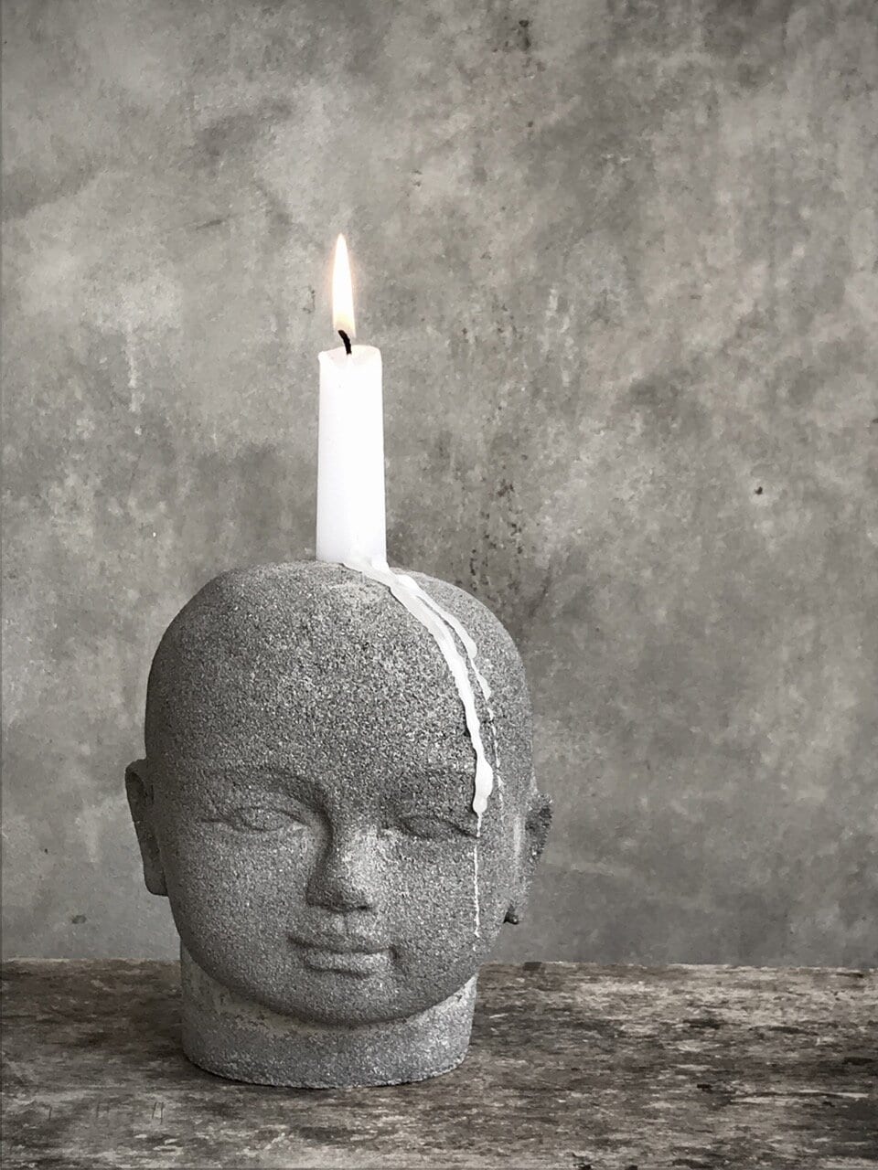 BOY HEAD candle holer, antique grey stone