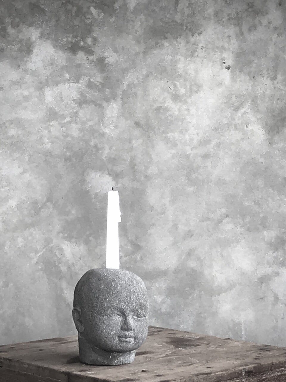 BOY HEAD candle holer, antique grey stone