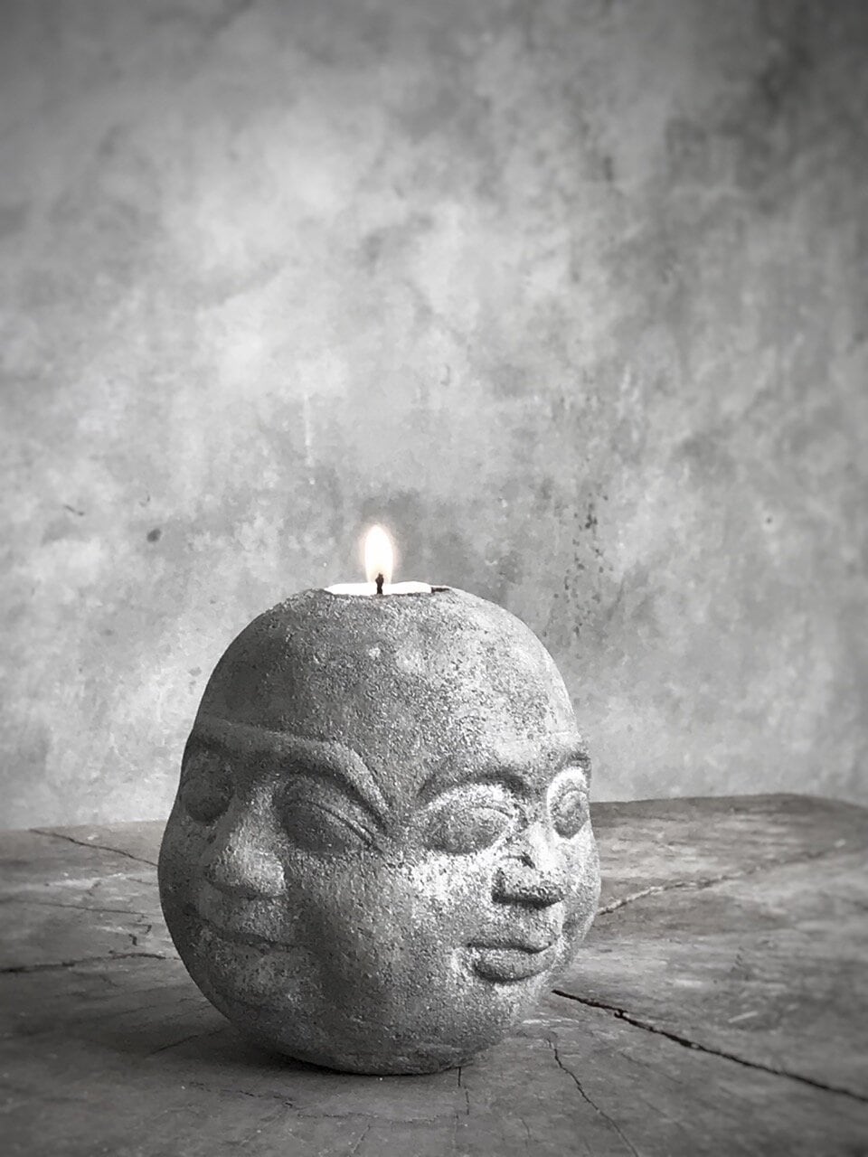 BUDDHA FOUR FACES tealight candle holder, antique grey stone