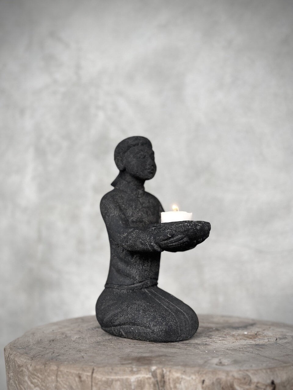 SIAM stone sitting statue - tealight candle holder, black antique