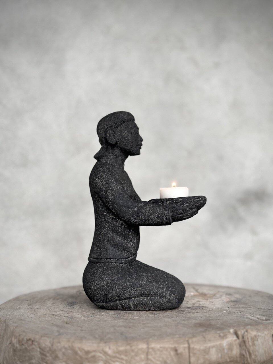 SIAM stone sitting statue - tealight candle holder, black antique