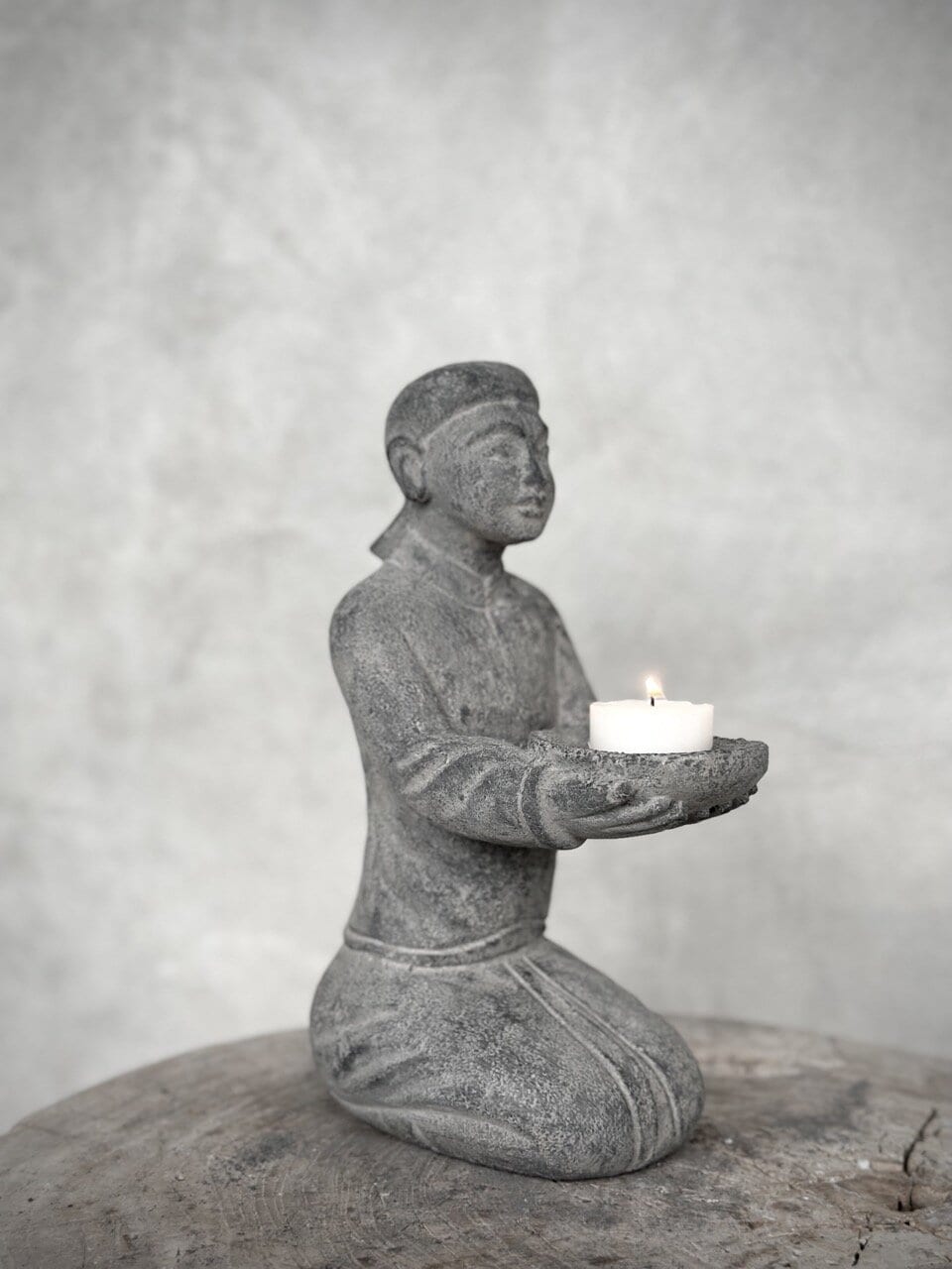 SIAM stone sitting statue - tealight candle holder, grey wash