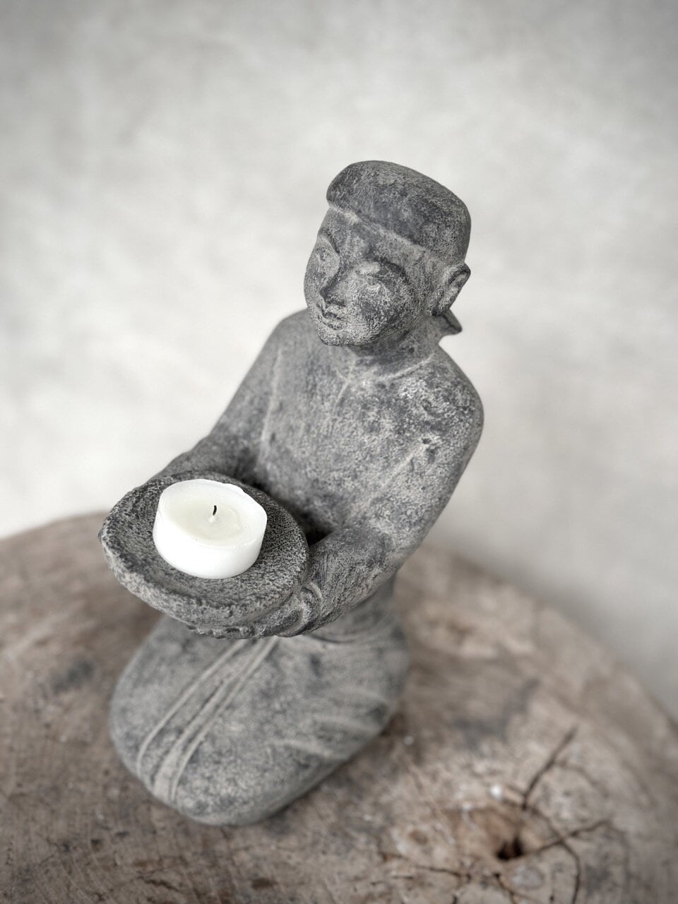 SIAM stone sitting statue - tealight candle holder, grey wash