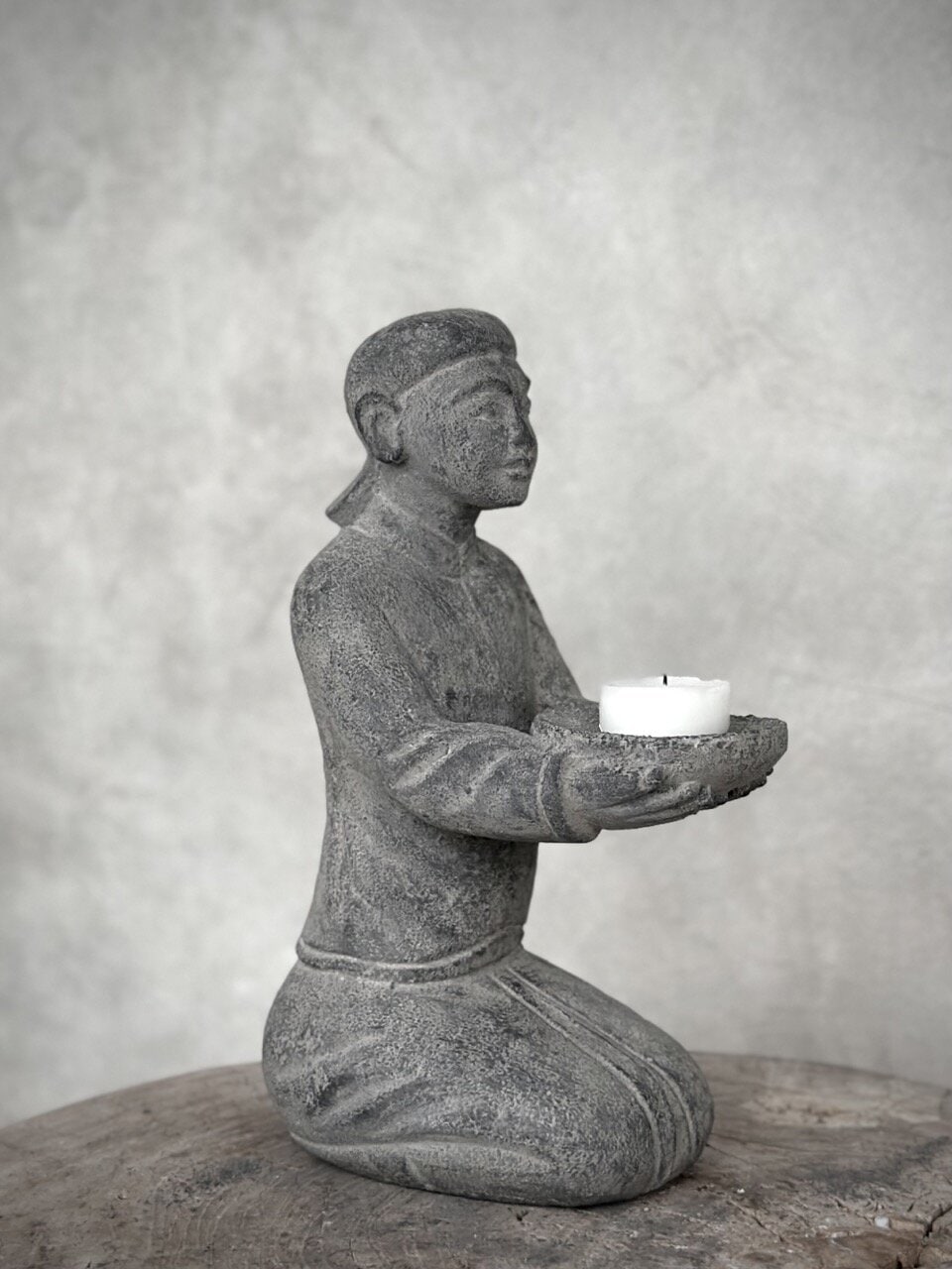 SIAM stone sitting statue - tealight candle holder, grey wash