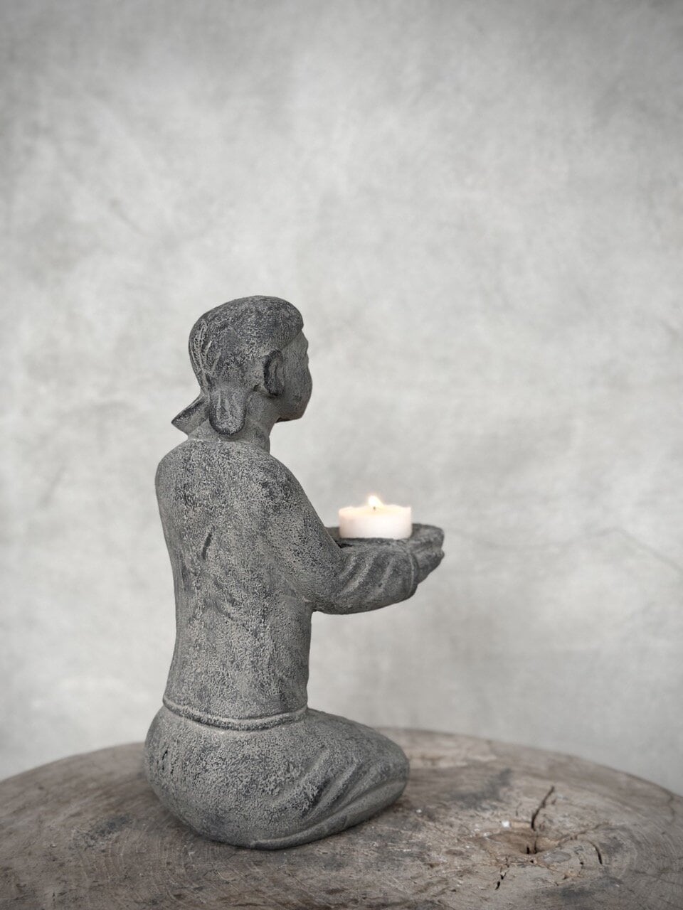 SIAM stone sitting statue - tealight candle holder, grey wash