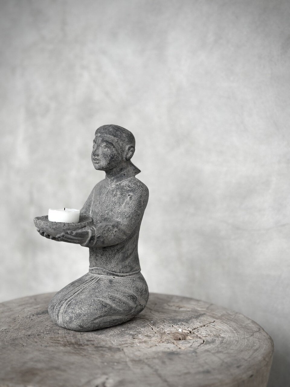 SIAM stone sitting statue - tealight candle holder, grey wash