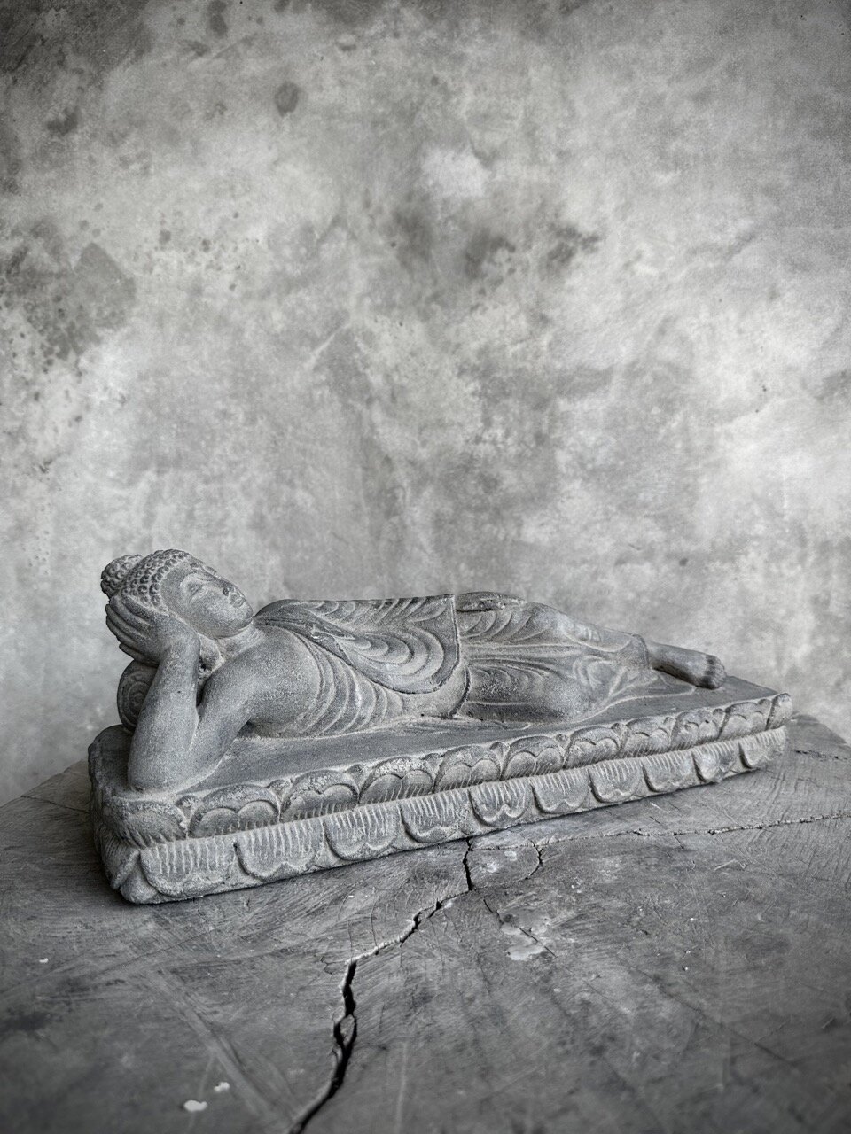 SLEEPING BUDDHA stone statue large, grey wash