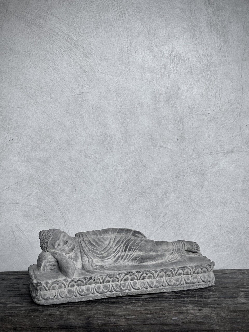 SLEEPING BUDDHA stone statue small, grey wash