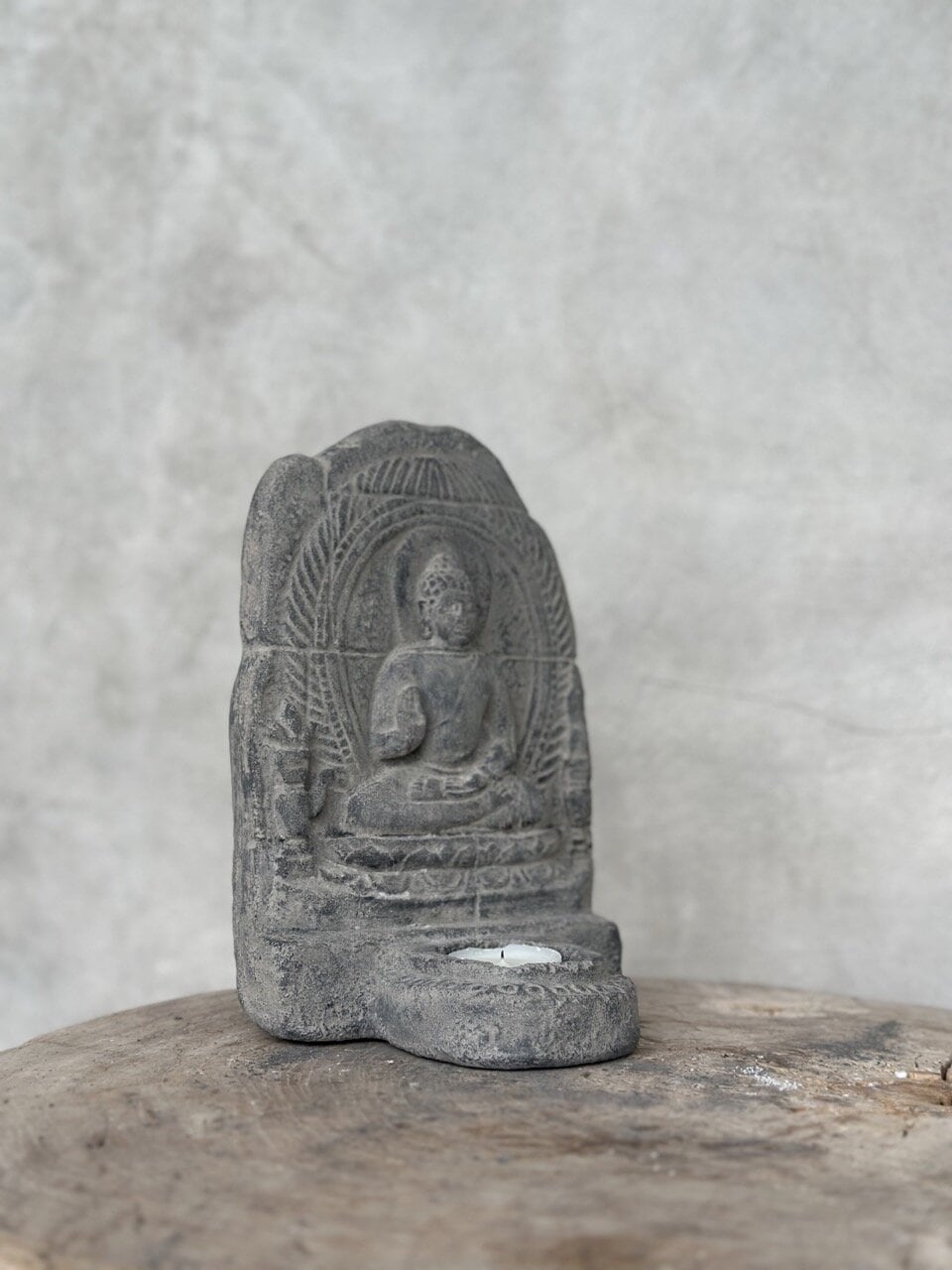 BUDDHA WALL stone tealight candle holder, grey wash