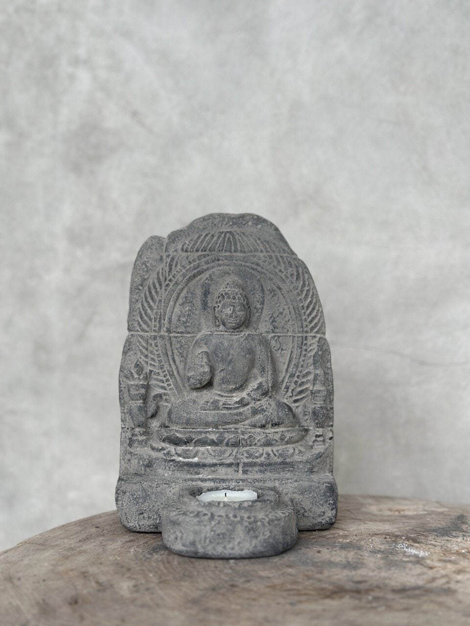 BUDDHA WALL stone tealight candle holder, grey wash