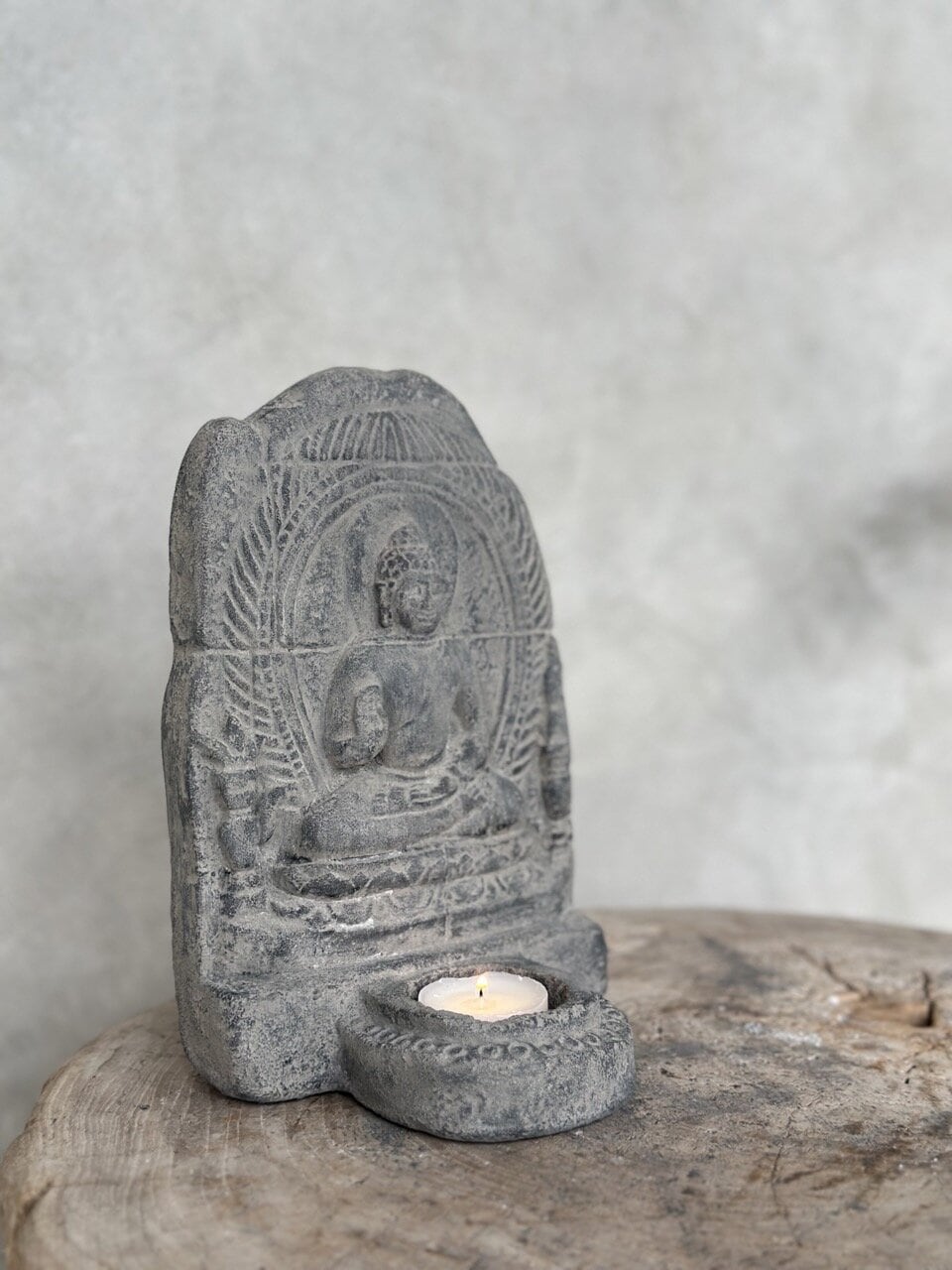 BUDDHA WALL stone tealight candle holder, grey wash