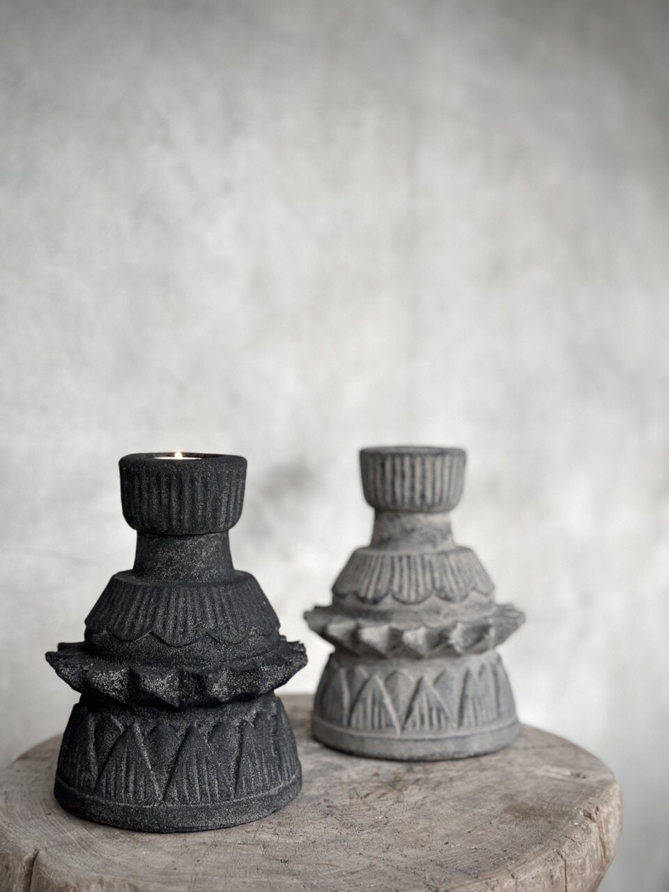 BAGO stone tealight candle holder, black antique