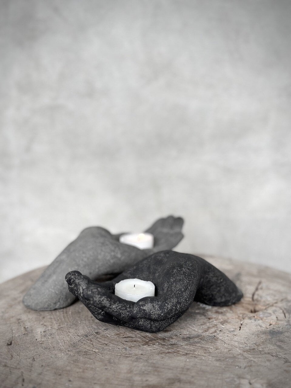 GORO stone hand tealight candle holder, grey wash