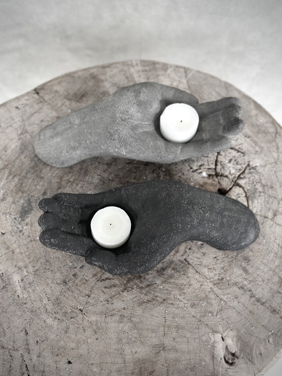 GORO stone hand tealight candle holder, grey wash